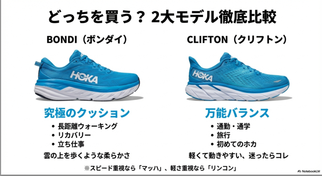 ホカの代表モデル「ボンダイ（クッション重視）」と「クリフトン（万能バランス）」の用途別比較表。