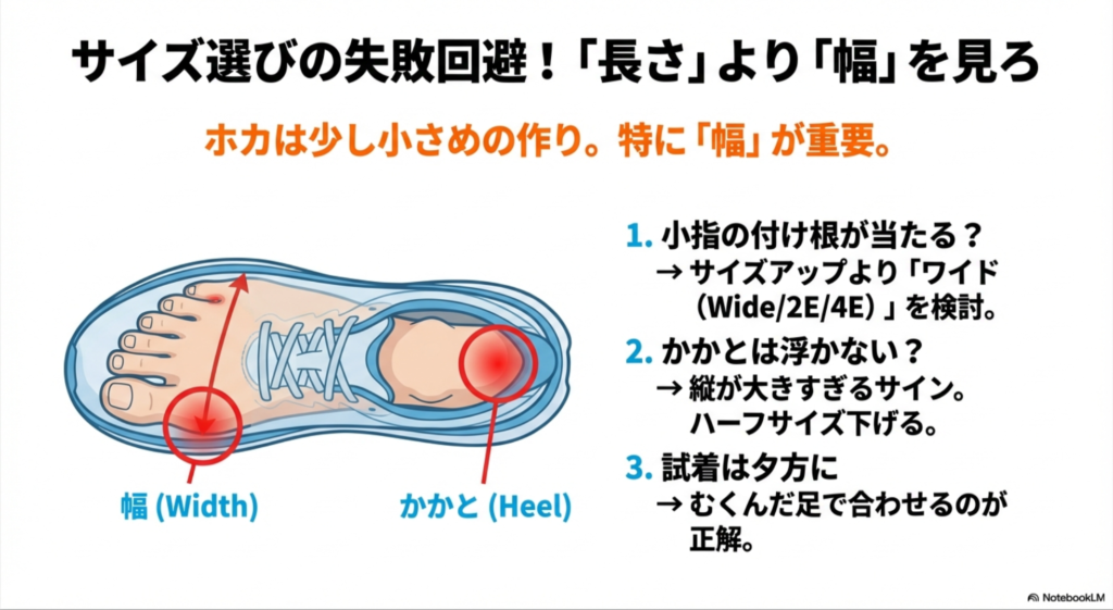 小指の付け根の当たり（幅）やかかとの浮きを確認する、ホカスニーカーのサイズ選びのチェックポイント