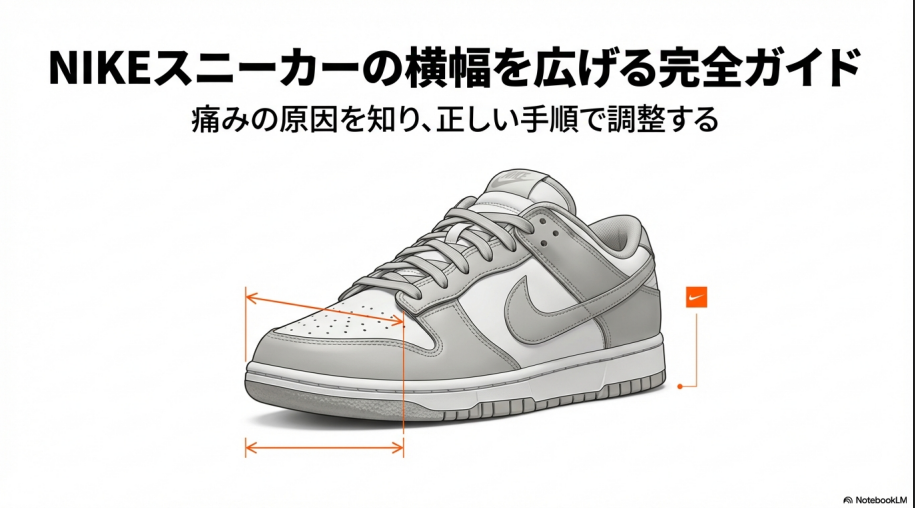 NIKEスニーカーの横幅を広げるためのガイド。痛みの原因把握から正しい調整手順までの流れを解説するスライド画像。