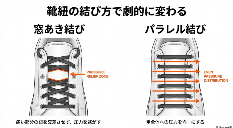 特定の部分の圧力を逃がす「窓あき結び」と、甲全体の圧力を均一にする「パラレル結び」のイラスト解説。