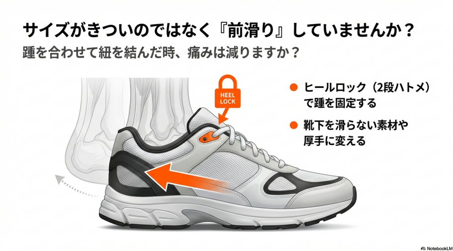 シューズの2段ハトメを利用したヒールロック結びで踵を固定し、つま先への足の移動を防ぐ仕組みの図解。