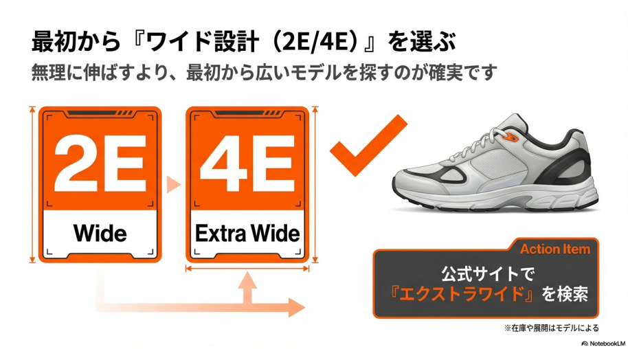 ナイキのワイド設計2Eとエクストラワイド設計4Eのアイコン。公式サイトでの検索キーワードを案内する図。