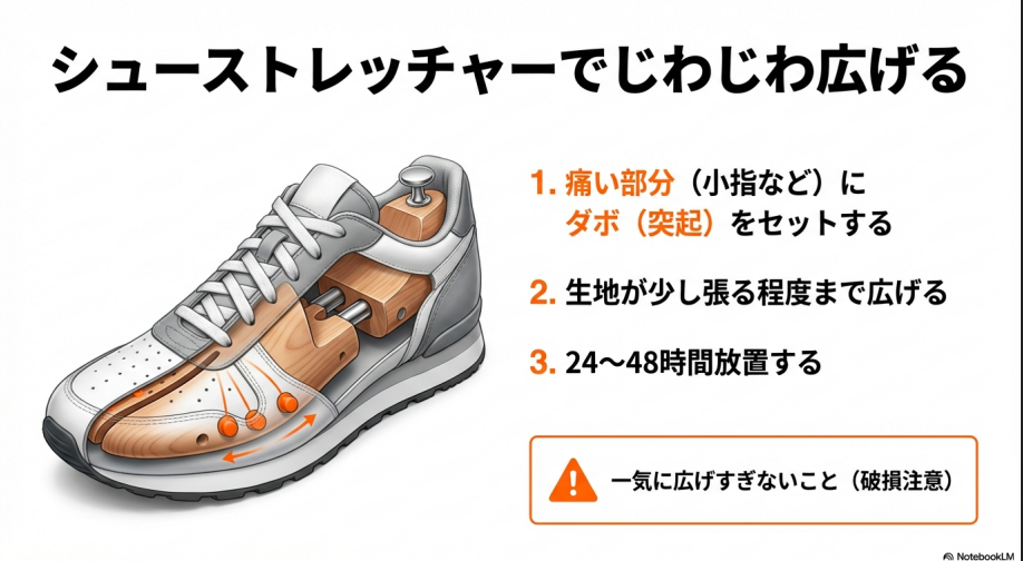 靴の中にシューストレッチャーを入れ、ダボ（突起）を付けて小指部分を集中的に広げている様子。