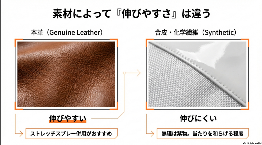 伸びやすい本革と、伸びにくい合皮・化学繊維の素材テクスチャを比較し、ストレッチスプレーの必要性を説く図。