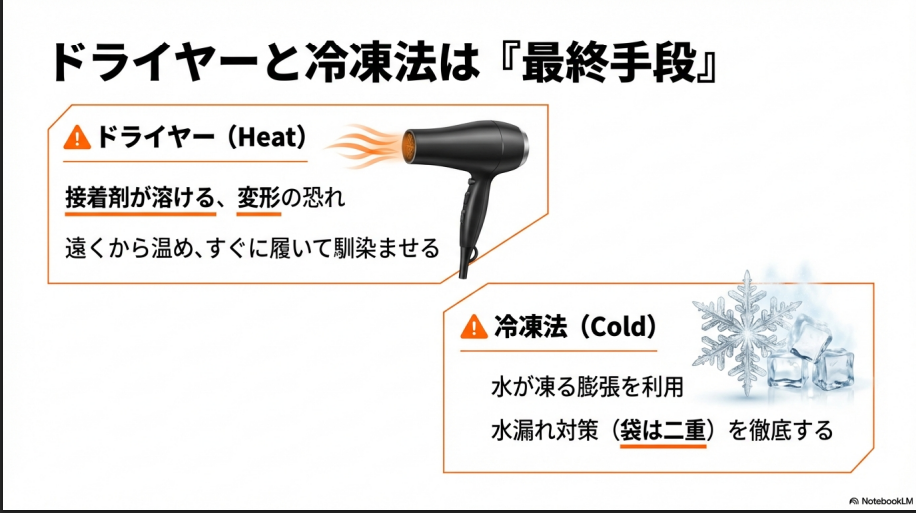 ドライヤーの熱による変形リスクと、冷凍法による水の膨張を利用した調整方法の注意点。