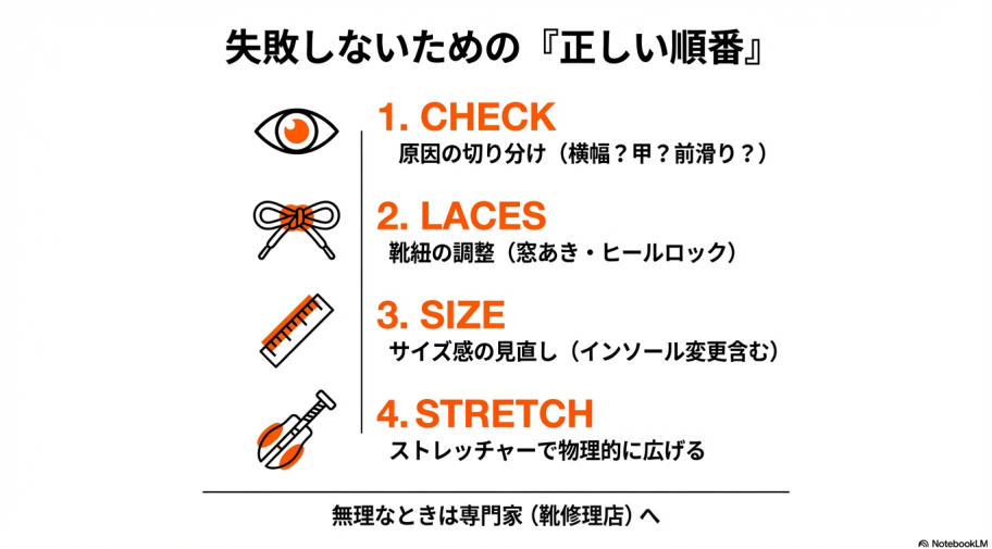 原因チェック、靴紐調整、サイズ見直し、物理的なストレッチの順番で進める、失敗しないための正しい手順。
