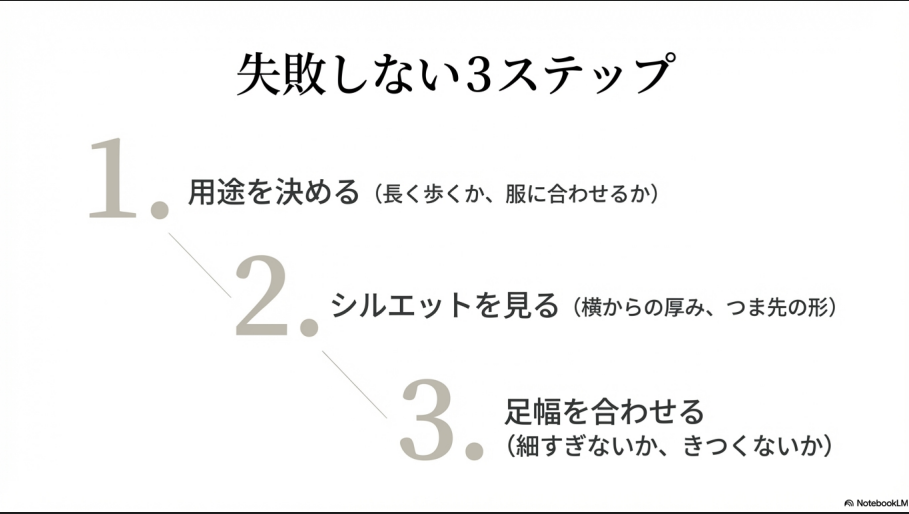 用途、シルエット、足幅の3段階で選ぶ「失敗しない3ステップ」をまとめた図解。