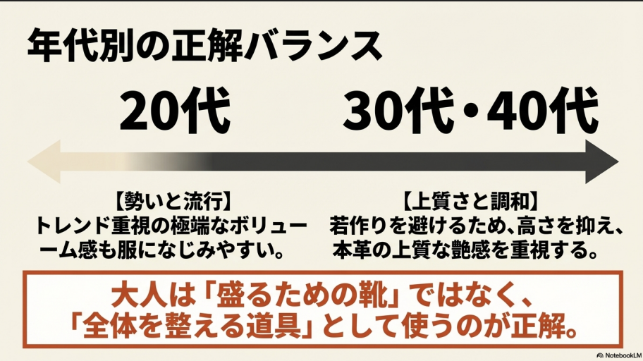 20代のトレンド重視と、30代・40代の上質さ重視の違いを説明するスライド。
