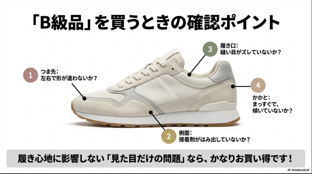 スニーカーのイラストを用いて、つま先の左右差、側面の接着剤はみ出し、履き口の縫製ズレ、かかとの傾きの4点をチェックするよう指示している図解。