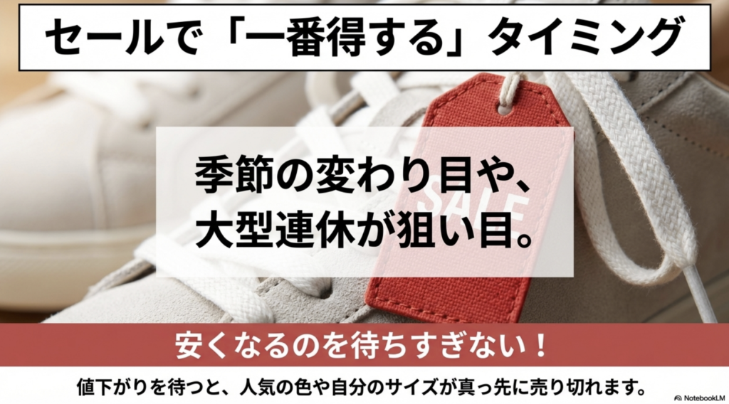 季節の変わり目や大型連休が狙い目であることと、安くなるのを待ちすぎてサイズ切れを起こさないようアドバイスするスライド。