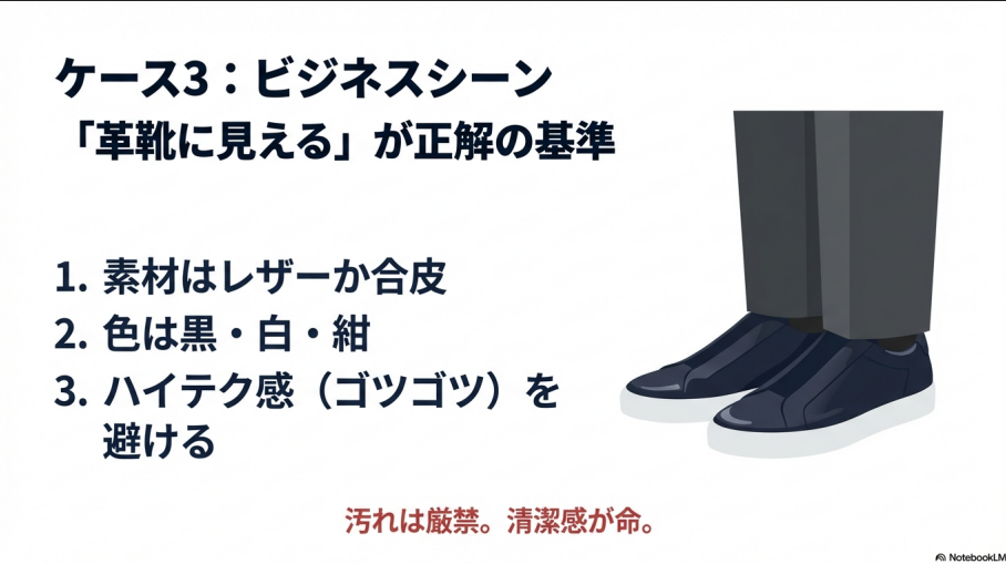 素材、色、ハイテク感を避けるといった、ビジネスで革靴代わりに見せるためのスニーカー選びの3原則。