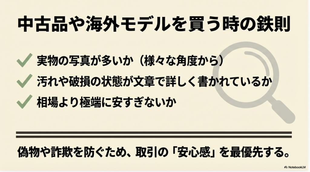 写真の多さや説明の具体性、相場との乖離を確認して詐欺や偽物を防ぐためのポイント。