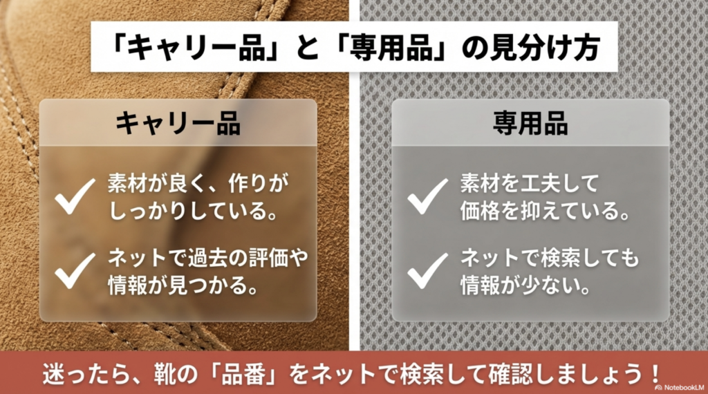 高品質なキャリー品と価格を抑えた専用品の違いを比較し、品番をネット検索して確認することを推奨する比較表。
