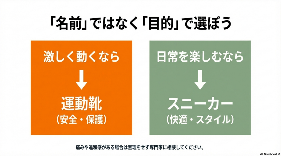激しく動くなら運動靴、日常を楽しむならスニーカーという、目的に合わせた最終的な選び方のまとめ。