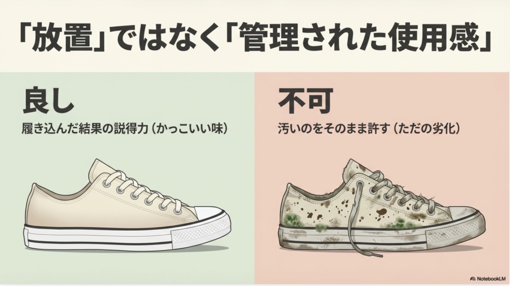 管理された使用感」としてのかっこいい味（左）と、カビや汚れを放置した「ただの劣化」（右）を比較したイラスト。