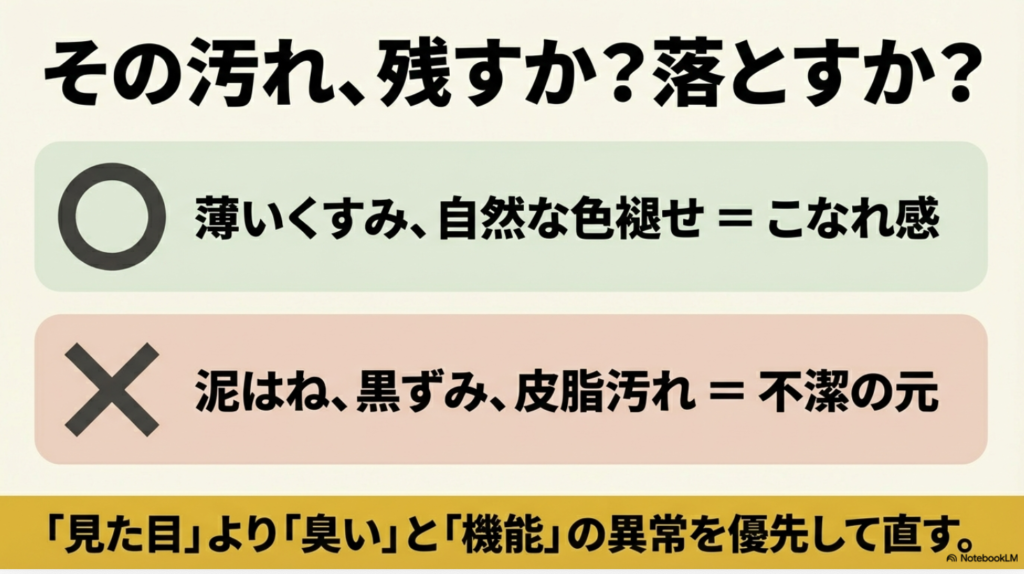 自然な色褪せやこなれ感は残し、泥はねや不潔の元になる黒ずみは落とすべきという判断基準のまとめ。