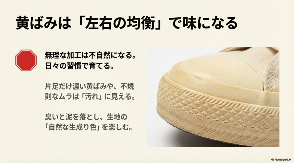 自然な生成り色を楽しむコツと、片足だけの濃い黄ばみや不規則なムラは「汚れ」に見えるため避けるべきという解説。