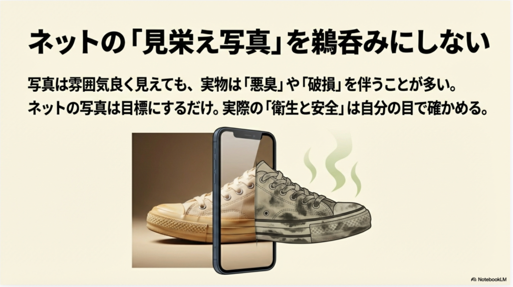 スマホの中では綺麗に見えても、実物は悪臭や破損を伴う可能性があることを示し、衛生と安全は自分の目で確かめるよう促すイラスト。