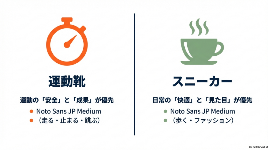 運動靴は安全と成果、スニーカーは快適と見た目を優先するという設計思想の違いを比較した図。