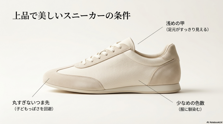 浅めの甲、丸すぎないつま先、少なめの色数が美しさの条件であることを示すスニーカーの画像。
