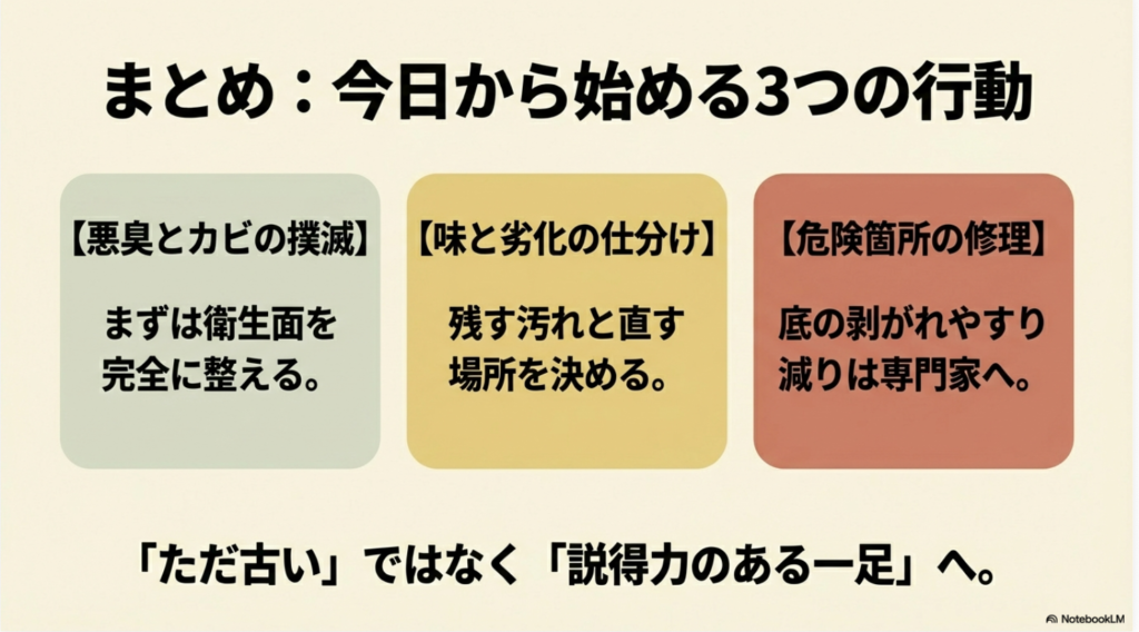 臭の撲滅、味と劣化の仕分け、危険箇所の修理という、説得力のある一足にするための3ステップのまとめ。