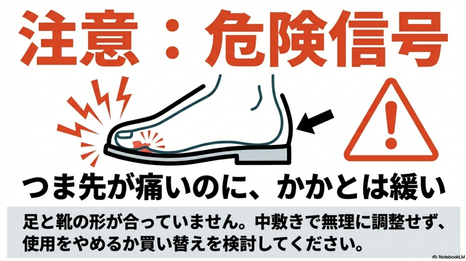 つま先が痛いのにかかとが緩い状態は、形が合っていない危険信号であることを示すスライド。
