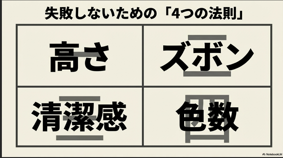 失敗を避けるための「高さ」「ズボン」「清潔感」「色数」の4つのポイントをまとめたスライド。