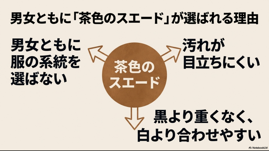 茶色のスエードが汚れにくく、服の系統を選ばず合わせやすいメリットを説明するスライド