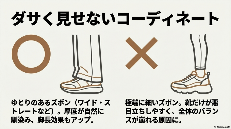 ゆとりのあるズボン（○）と極端に細いズボン（×）で、ガゼル ボールドの見え方の違いを比較したイラスト