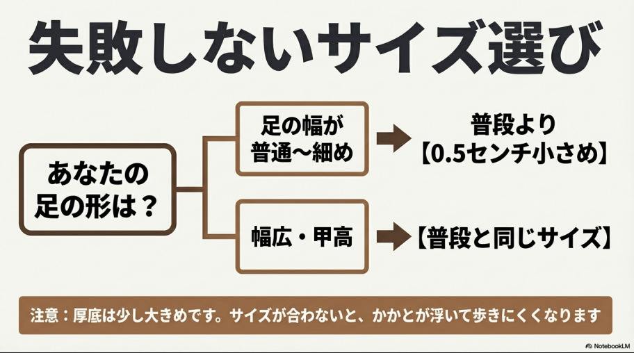 足の形に合わせたサイズ選びのフローチャート。幅広・甲高は普段と同じサイズ、普通・細めは0.5センチ小さめを推奨