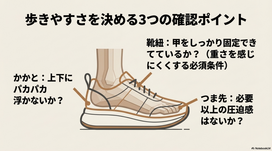 かかとの浮き、靴紐による甲の固定、つま先の圧迫感の3点を確認する歩きやすさチェックポイントの解説図