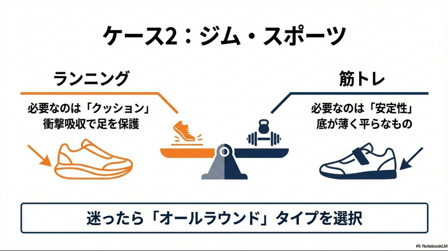 ランニングに必要なクッション性と、筋トレに必要な底の薄さと安定性の違いを天秤で表現した比較図。