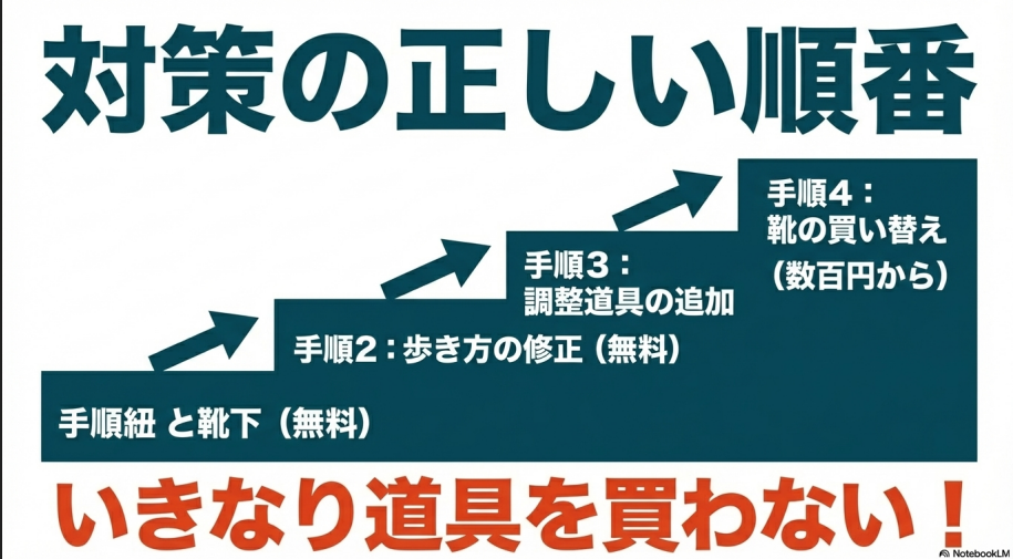 いきなり道具を買わない！」と強調し、紐・靴下の調整、歩き方の修正、道具の追加、買い替えの順序を示すスライド。
