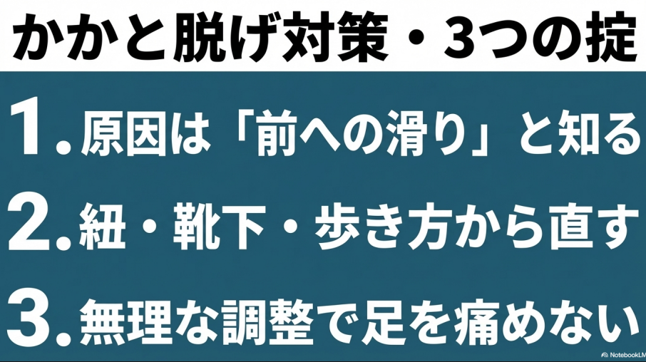 原因は前滑りであること、紐や歩き方から直すこと、無理に履き続けないことの3点をまとめた総括スライド。
