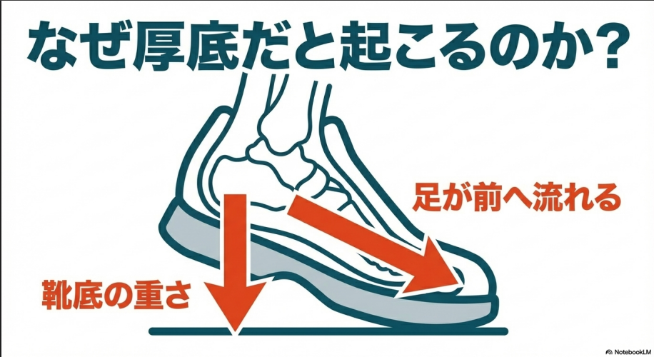 厚底靴特有の原因（靴底の重さと足が前へ流れる動き）を説明するスライド。