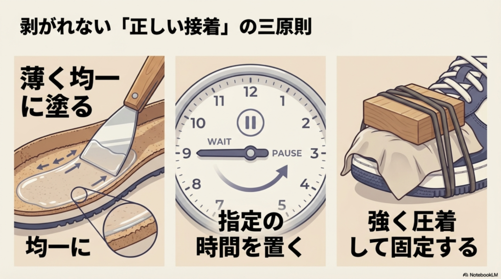 接着剤を薄く均一に塗り、オープンタイムを置き、強く圧着・固定する手順を説明する画像