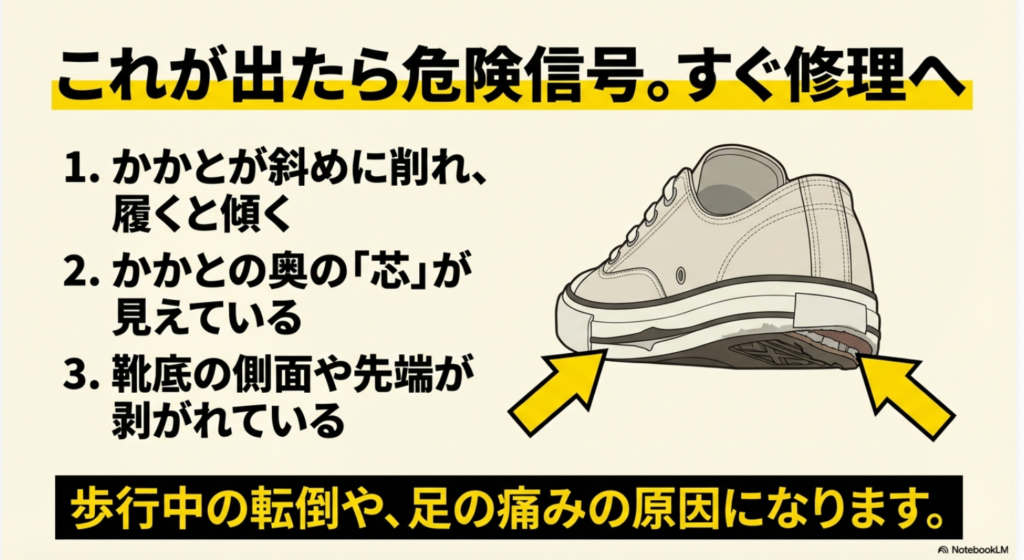 かかとの斜め削れ、芯の露出、靴底の剥がれといった、歩行中の転倒や足の痛みの原因になる箇所の図解。
