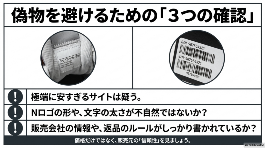 シュータンの品番タグと箱のシリアルナンバーの照合、ロゴの形、販売会社の信頼性を確認するよう注意喚起する画像。