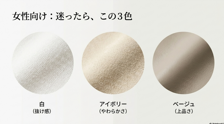 レディース向けにおすすめの白、アイボリー、ベージュの3色とその印象を解説したスライド。