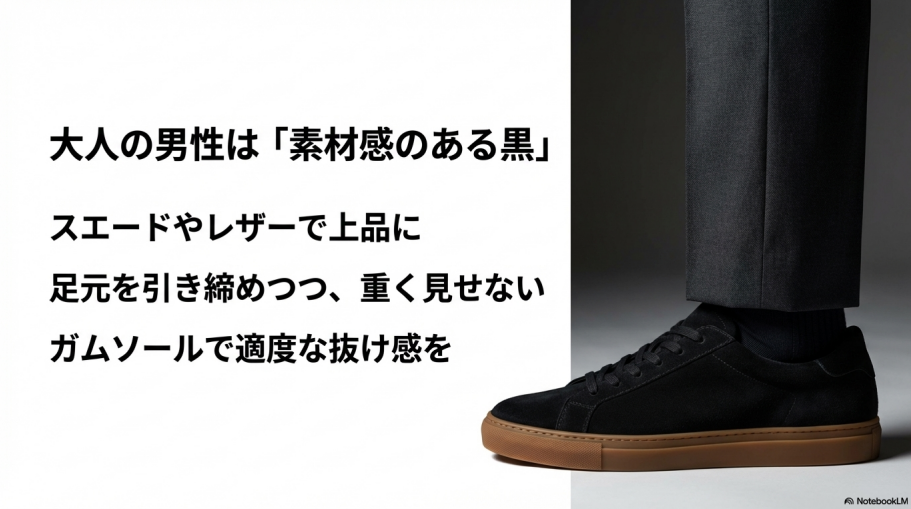スエードやレザー素材、ガムソールなど、重く見せない黒スニーカーの選び方のポイント。