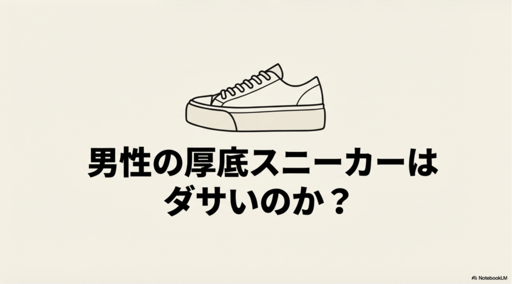 コンバースの厚底スニーカーのイラストとともに「男性の厚底スニーカーはダサいのか？」と問いかける、記事のテーマを示すスライド。
