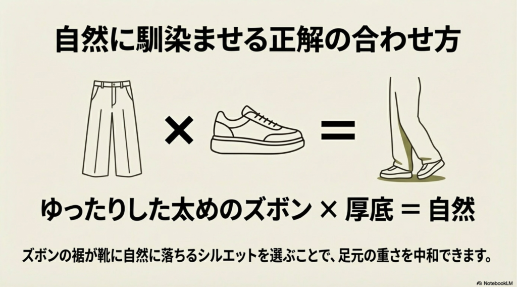ゆったりした太めのズボンと厚底を合わせることで、裾が自然に落ちて重さが中和される様子を示すスライド。
