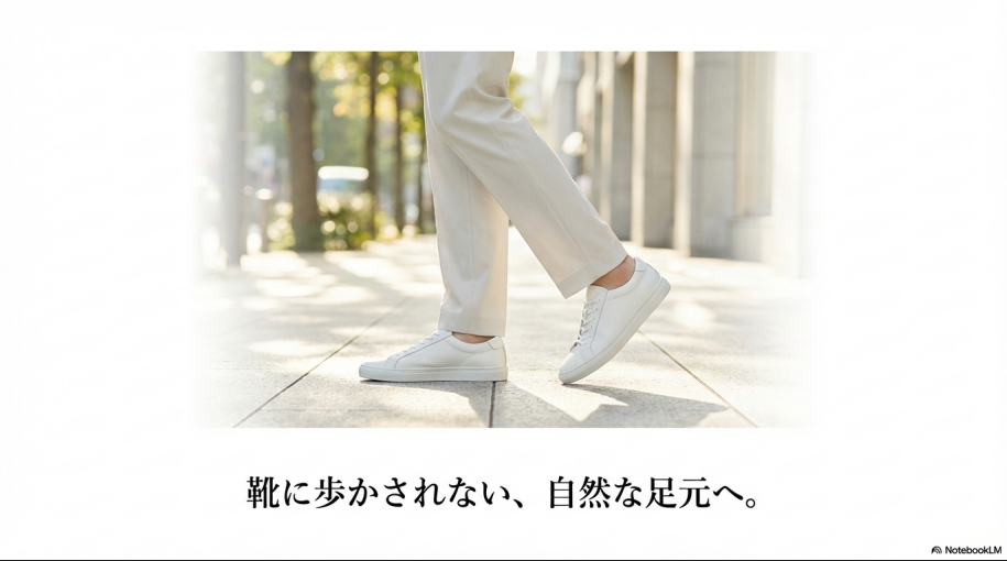 白いスニーカーを履いて軽快に歩く人物の足元と、「靴に歩かされない」という結びのメッセージ。