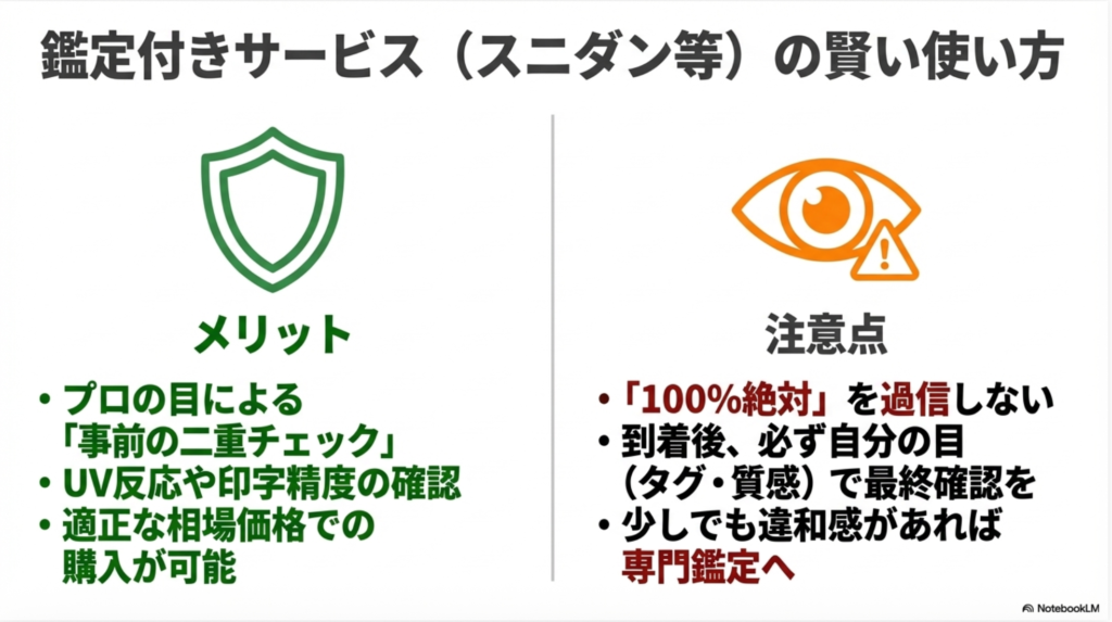 鑑定サービスのメリット（プロの二重チェック、相場購入）と、注意点（100％を過信せず自分でも確認）をまとめたリスト。