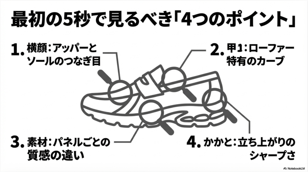 1906Lの横顔、甲のカーブ、素材の質感、かかとのシャープさの4か所を虫眼鏡でズームしているイラスト。