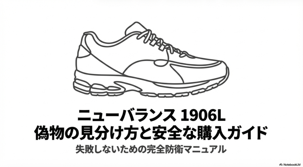 ニューバランス 1906Lのイラストと「偽物の見分け方と安全な購入ガイド」というタイトルが書かれたスライド表紙