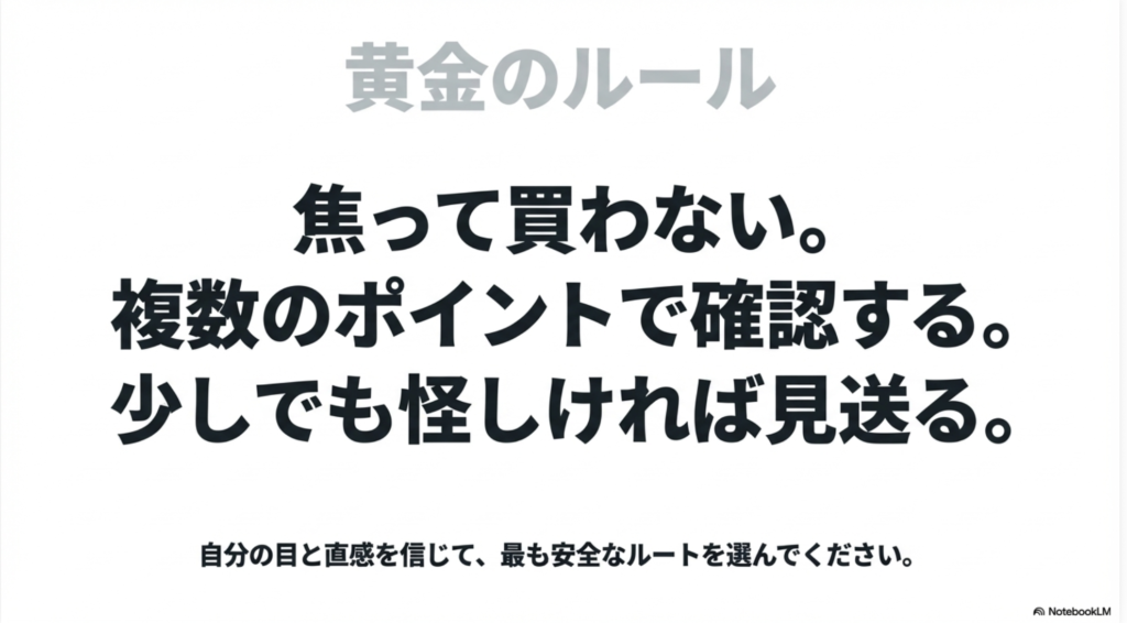 焦って買わない」「複数のポイントで確認する」「少しでも怪しければ見送る」という3つの黄金ルールを記載したまとめのスライド。