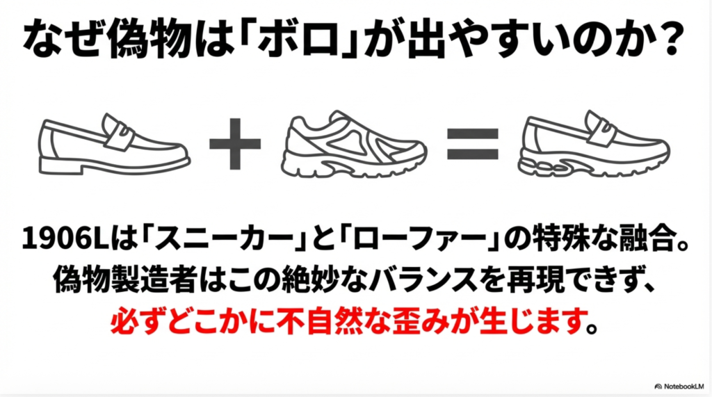 ローファーとスニーカーを足すと1906Lになるという図解。偽物はこの絶妙なバランスを再現できず歪みが生じるという説明。