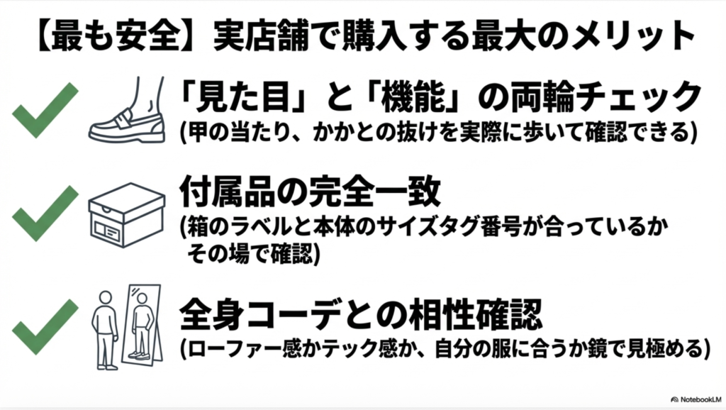 店舗での確認事項として、見た目と機能の両輪チェック、付属品の完全一致、全身コーデとの相性確認の3点を挙げたスライド。