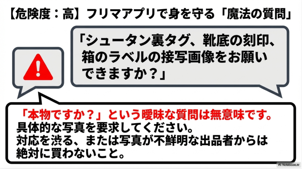 出品者に「シュータン裏タグ、靴底の刻印、箱のラベルの接写画像をお願いできますか？」と具体的に依頼することを推奨するスライド。